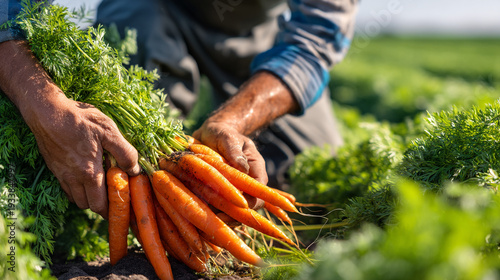 A farmer holding a fresh bunch of carrots harvested from an organic field.