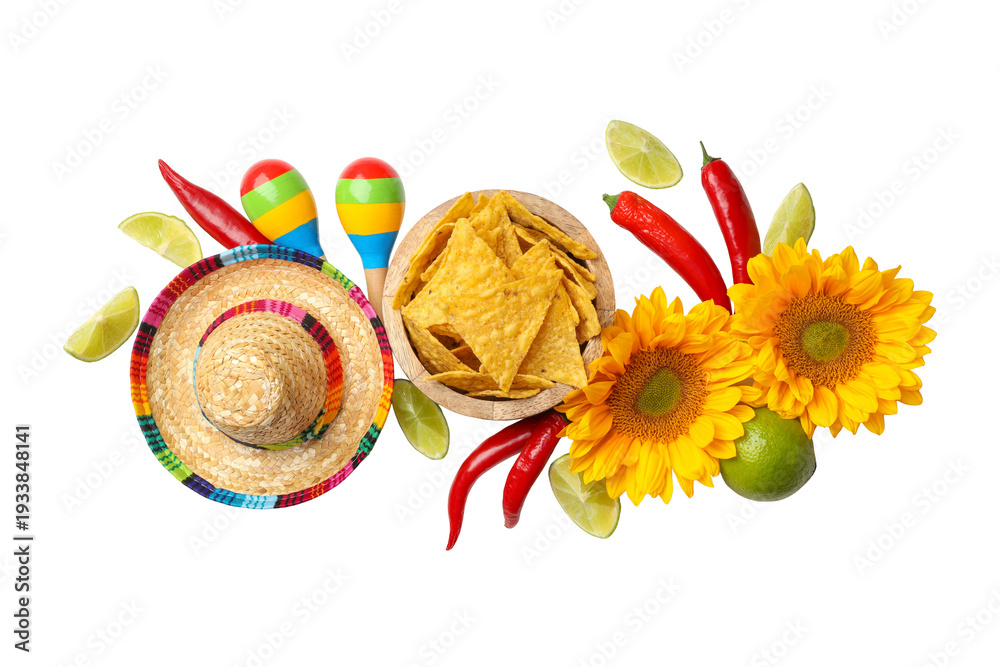 Fototapeta premium Festive decor and treats for Cinco de Mayo, isolated, PNG