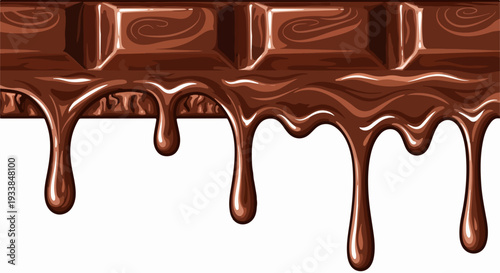 Melting chocolate drips from delicious dark brown bar. Sweet confection creates smooth liquid flow, rich chocolate flowing downwards.