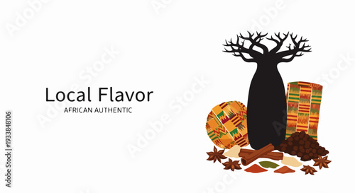 African flavor elements, baobab tree silhouette, kente pattern. African flavor includes aromatic spices, cinnamon sticks, star anise, seasoning powders. African flavor concept for culinary, cultural,