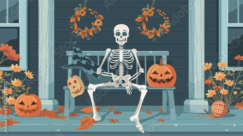 Halloween skeleton sitting on porch with pumpkins and flowers, spooky festive autumn vector illustration 