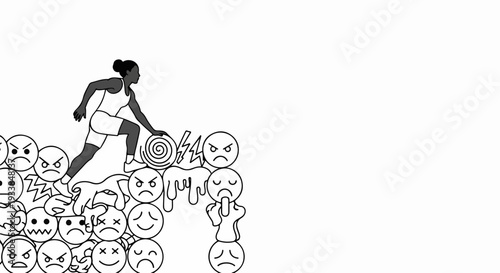 Person stepping over negative emotions, symbolizing mental health challenges. Illustration depicts emotional resilience, with individual rising above difficulties.