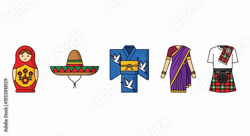 Colorful world cultures symbols represented by traditional clothing and folk art. World cultures collection includes Russian doll, Mexican sombrero, Japanese kimono, Indian sari, and Scottish kilt.