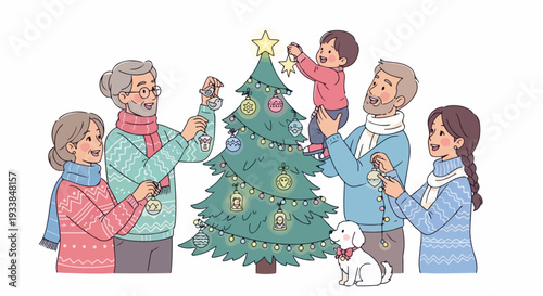 Multi-generational family Christmas gathered around festive pine tree, decorating with shiny ornaments. Grandparents, parents, and happy child enjoy family Christmas tradition,