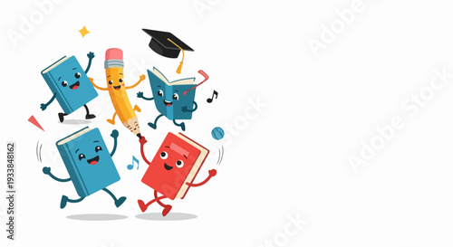 Joyful animated books and pencil dancing, celebrating happy learning. Smiling cartoon characters, including textbooks and writing instrument with graduation cap,