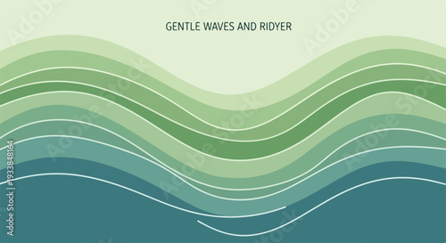 Abstract green blue gentle waves flowing horizontally across light background. Layered design depicts tranquil ocean movement with varied shades, creating serene gentle waves.