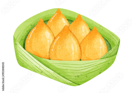 Assorted Thai Traditional Desserts – Foi Thong, Thong Yip, Thong Yod and Med Kanoon, Golden Auspicious Thai Sweets on Banana Leaf