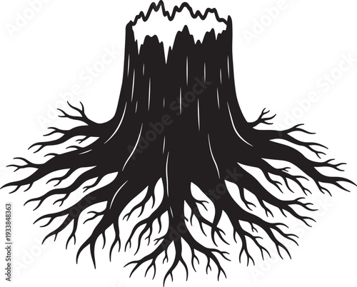 Black and white tree stump with extended roots also transparent background tree roots