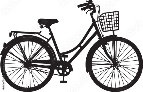 Black silhouette of a vintage bicycle with front basket and rear rack also transparent background