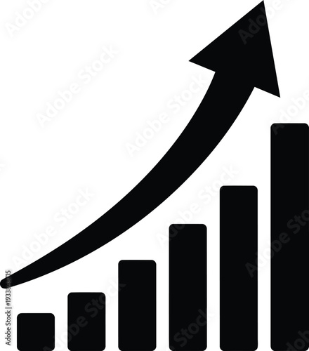 Increasing trend graph with arrow pointing upward on white background