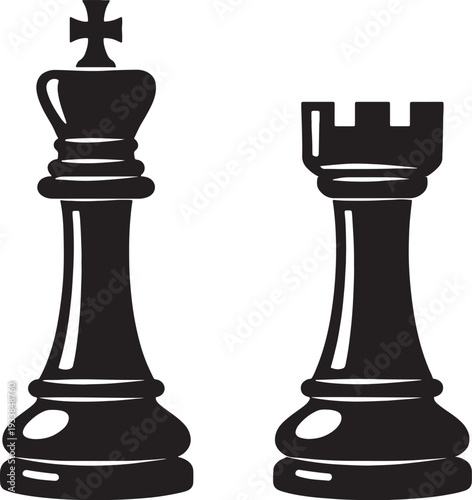 Black silhouette of chess king and rook pieces also transparent background