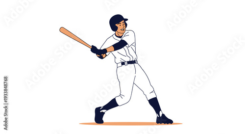 Athletic baseball player wearing a white uniform and navy blue helmet swings a wooden bat with intense focus during a competitive sports game.