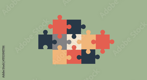 Colorful puzzle pieces arranged creatively on a soft green background, symbolizing unity