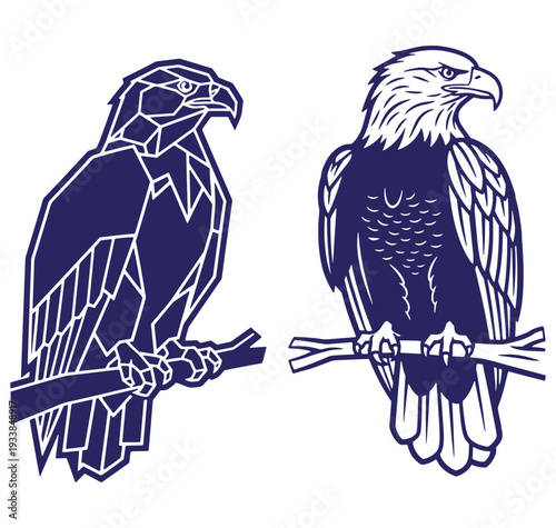 Two american bald eagle illustrations in geometric and realistic styles perched on branches