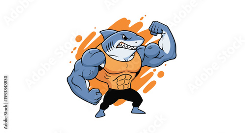 Muscular shark character wearing a tank top flexes its powerful arms and shows off six pack abs against an energetic orange splash background design.
