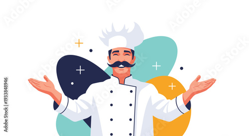 Professional male chef wearing a traditional white uniform and toque stands with open arms in a welcoming gesture against a colorful abstract backdrop.