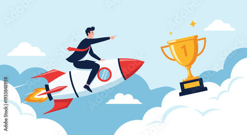 Ambitious businessman in a suit rides a flying rocket towards a golden first place trophy in the sky, symbolizing career success and fast growth.
