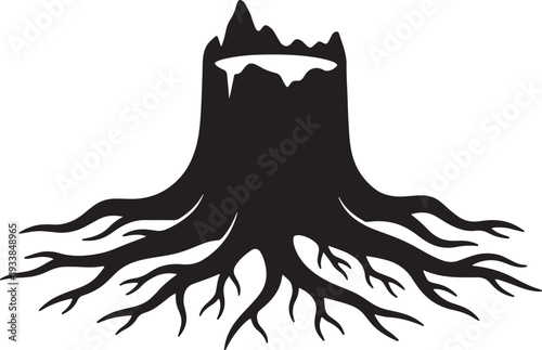 Black tree stump with white mountain silhouette on and sprawling roots also transparent background