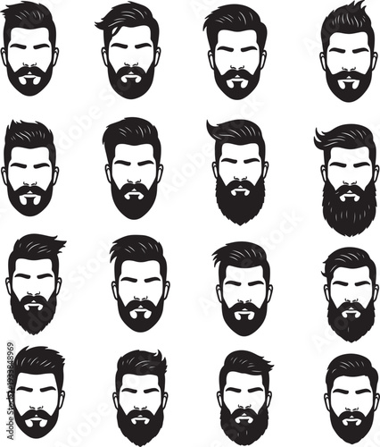 Collection of black and white of different men's hairstyles and beard styles also transparent background