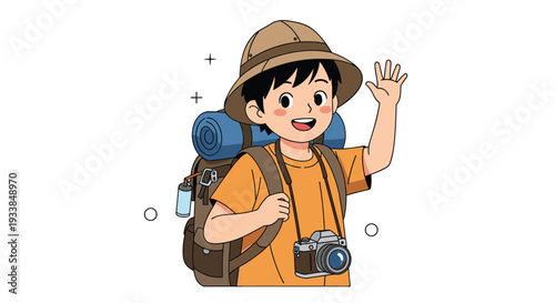 Young hiker with a large backpack and camera waves happily while wearing a safari hat, ready for an exciting outdoor adventure in the wilderness.