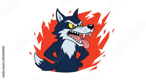 Angry wolf character with dark fur and yellow eyes snarls with its mouth wide open against a sharp red energetic background for a fierce look.