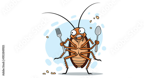 Cartoon cockroach character looks shocked and hungry while holding a silver fork and spoon, surrounded by crumbs on a light blue splash backdrop.