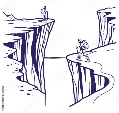 Two hikers stand at cliff edges contemplating path across mountainous landscape