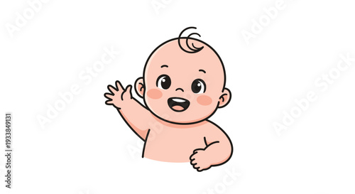 Adorable baby with a single curl of hair smiles broadly while waving its hand in a friendly greeting against a clean and simple white background.