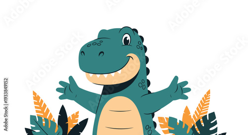 Friendly green dinosaur character with a big smile opens its arms wide in a welcoming hug gesture surrounded by colorful tropical leaf patterns.
