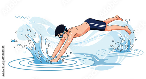 Young male swimmer dives headfirst into the water, creating a large splash in a dynamic sports illustration capturing athletic skill and motion.