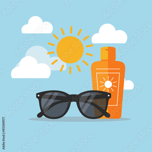 Summer essentials featuring sunglasses and sunscreen under a bright sun with clouds