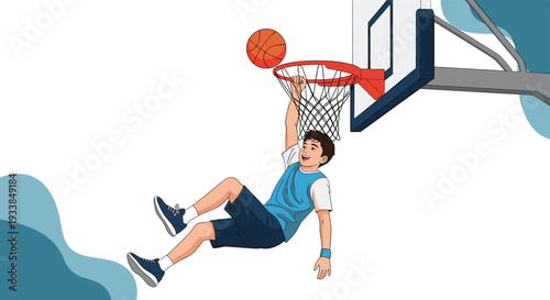 Young boy wearing blue athletic clothing performs a powerful slam dunk into a basketball hoop during an intense game of sports.
