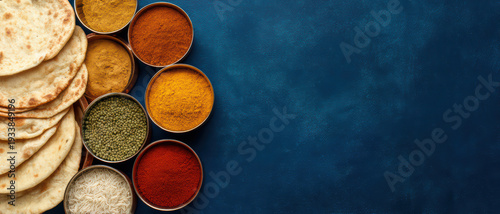 Traditional Indian spices and flatbreads arranged on dark blue textured background, showcasing vibrant colors and rich culinary culture in minimal flat lay style