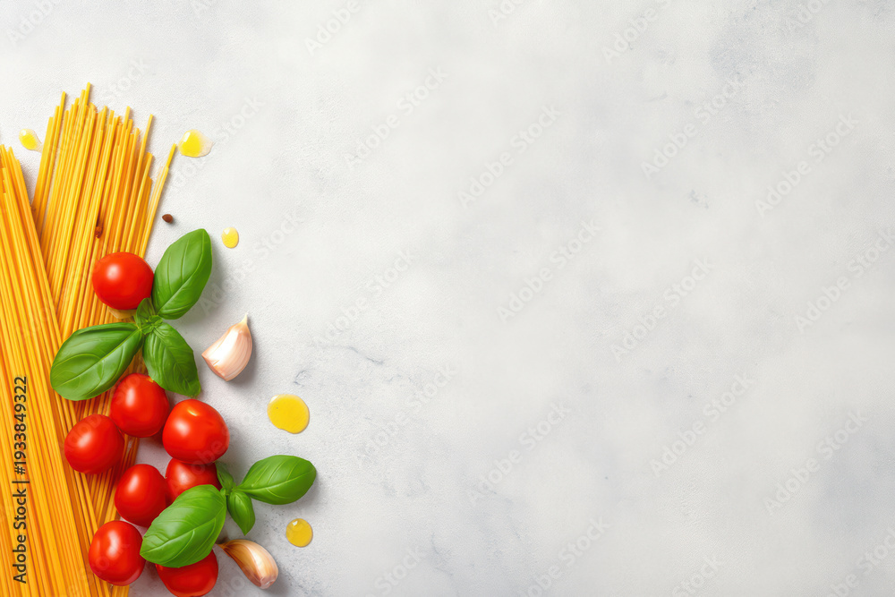 Fototapeta premium Spaghetti pasta with fresh cherry tomato, basil leaves, garlic cloves and olive oil on white background, Italian cuisine ingredients for cooking delicious meal