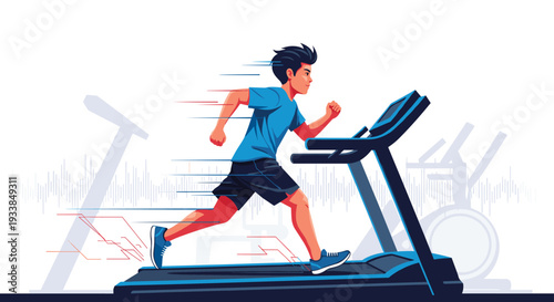 Energetic young man running fast on a modern treadmill in a gym setting to maintain his fitness and healthy lifestyle goals.