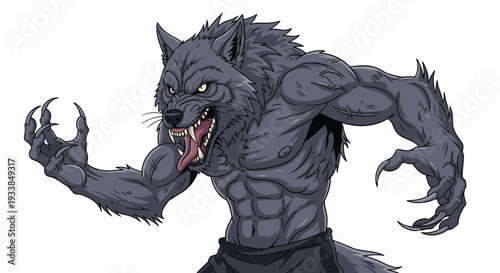 Powerful and muscular gray werewolf with sharp claws and an aggressive expression ready to hunt under the full moon night.