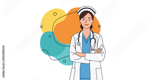 Confident female doctor wearing a white coat and stethoscope standing with her arms crossed in front of a colorful backdrop.