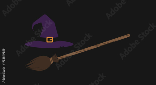 A whimsical illustration of a witch's hat and broomstick against a dark background