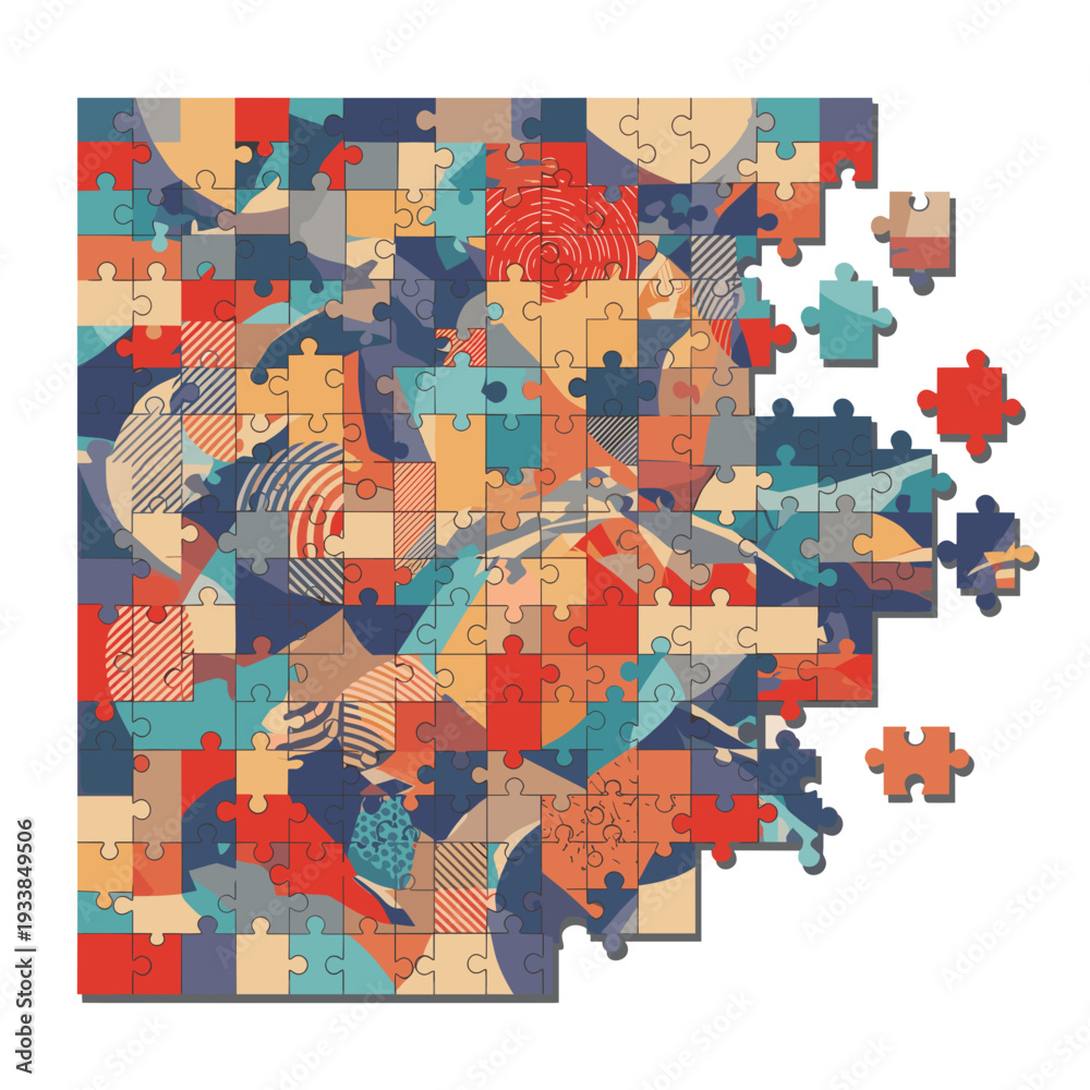 Naklejka premium Colorful abstract puzzle pieces scattered on a surface, showcasing vibrant designs