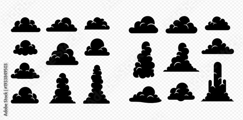 Set of black smoke and clouds silhouettes on transparent background, various shapes and sizes.