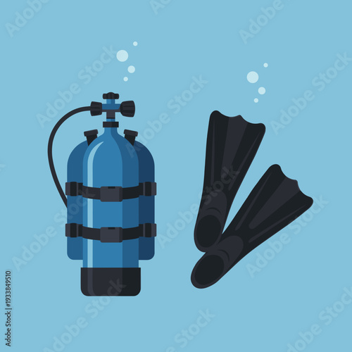 Scuba diving gear with tank and fins against a blue background, bubbles rising