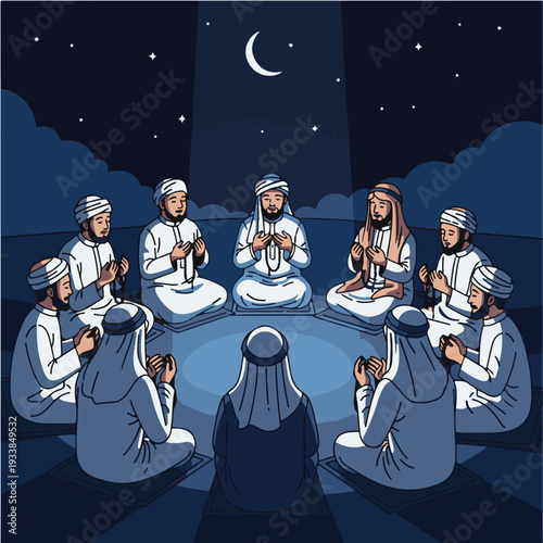 Men in white robes sitting in circle.