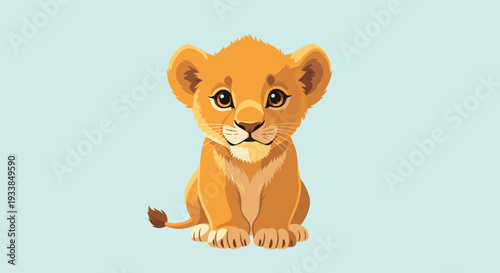Adorable baby lion cub with large expressive eyes sitting peacefully and looking forward against a soft blue background.