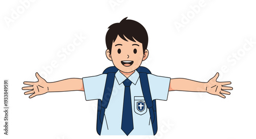 Friendly young schoolboy in a blue uniform with a backpack spreading his arms wide open to offer a warm and happy hug.