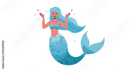 Enchanting mermaid with long blue hair and a sparkling tail smiling joyfully amidst a shower of magical bubbles and stars.