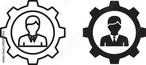 Two black and white gear each containing silhouettes of businessmen in suits also transparent background