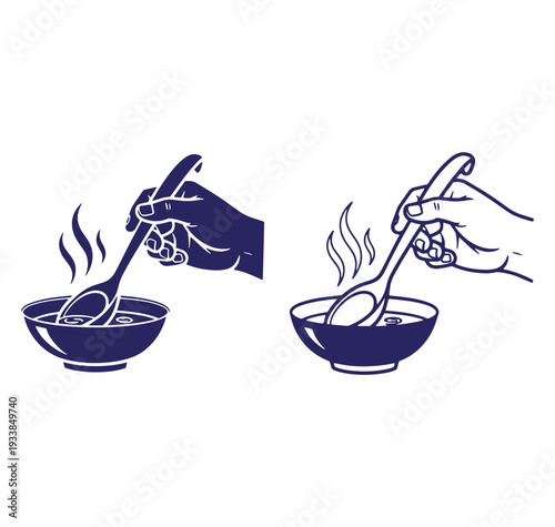 Two stylized vector illustrations of a hand stirring hot soup in a bowl with a spoon