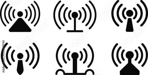 Collection of black wireless signal and radio tower icons isolated on white background, networking technology and communication vector illustration set.