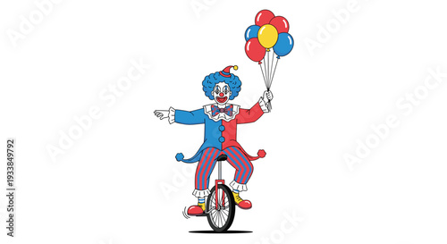 Funny circus clown with blue hair and a colorful costume riding a unicycle and holding a bunch of bright balloons.
