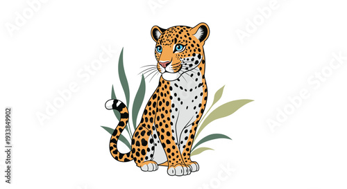 Elegant leopard sitting gracefully among green tropical leaves and looking sideways with its beautiful spotted fur coat.